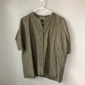 Eileen Fisher organic linen button up short sleeve blouse womens L/XL khaki boxy